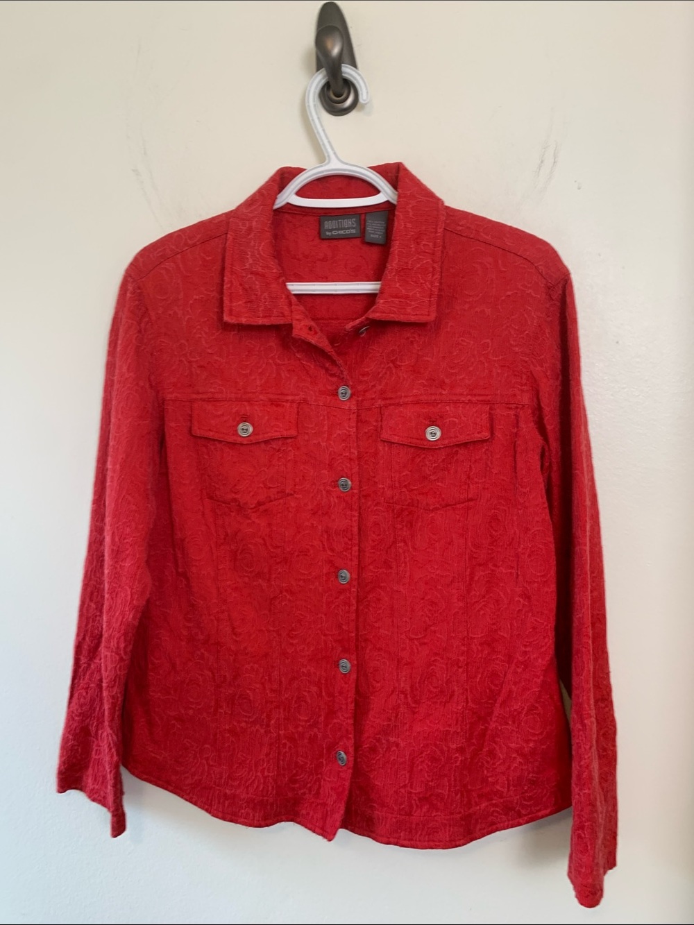 Chico's Red Textured Button-Front Western Vibe Long sleeve Shirt, Pockets